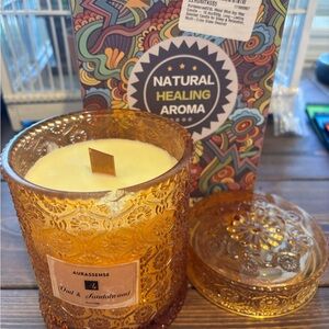 Amber Glass Scented Candle - Oud & Sandalwood- Please see chip in picture